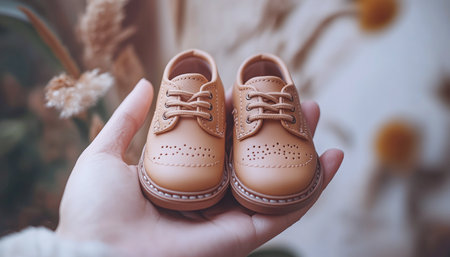 Close-up of hand holding small, brown leather baby shoes against beige background. Lace-up design, visible stitching, showcasing craftsmanship. Soft lighting highlights leather texture and warm tones.の素材