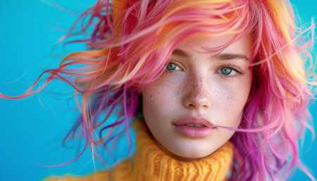 High detailed close up portrait of young female with Dyed Multi Colors Hair hairstyle and brighty make-up on vibrant Blue wall. Modern teens expressional serene outlook with individuality accent.の素材