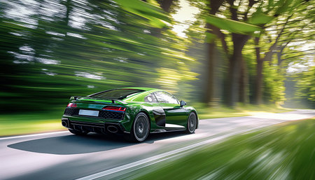 Sleek green sports car speeding through lush green forest environment by curved asphalt road. Dynamic motion blur adds to excitement of scene. Auto design and automotive production industry conceptの素材