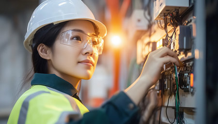 Focused scene of working Technician woman wearing hard hat, safety glasses, high-visibility vest connecting wires on electrical panel. Women's job, electrical and technology concept.の素材