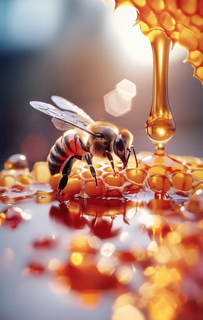 Pouring Honey Close-up, bee on honeycomb, with golden honey visible in cells. This detailed shot captures bee's fuzzy body and intricate honeycomb texture. Perfect for honey, food, and nature themesの素材