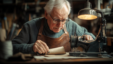 Old craftsman focused stitching leather at industrial sewing machine in warm workshop. Muted light from lamp highlights hands, machine, leather texture and vintage tools, capturing artisan dedication.の素材