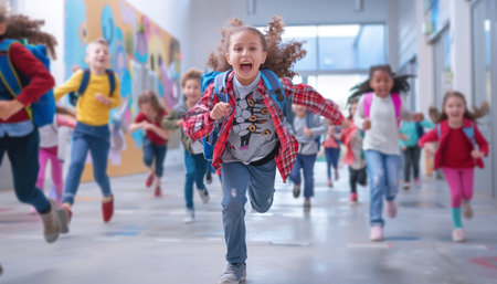 Vibrant image of diverse, multiracial, happy young children running through school corridor. Wearing colorful clothing and backpacks, conveying excitement and joy. School time, education concept.の素材