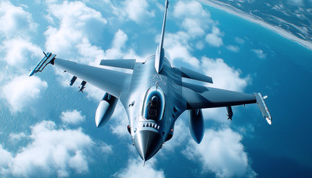 Top view of modern Fighting single-engine supersonic multirole fighter aircraft flying above clouds over deserted dry mountains and desert below. Military technology and defence industry conceptの素材