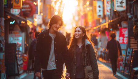 Stylish japanese couple explores bustling city streets, exuding confidence and allure. Amidst the urban hustle, they stand out with their fashion-forward leather jackets and captivating gazesの素材