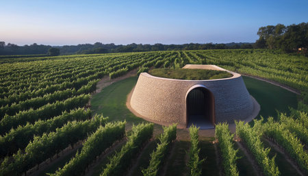 Modern winery architecture amidst green vineyards under clear blue sky. Stone design with contemporary curves in serene rural landscape. Aerial view highlights symmetry vibrant greenery and innovationの素材