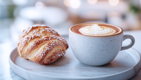 Bright, high-resolution image in cozy cafe setting. Tabletop holds rustic ceramic cup of Cappuccino with latte art beside fresh pastry on plate. Warm lighting and aroma creates tranquil inviting moodの素材