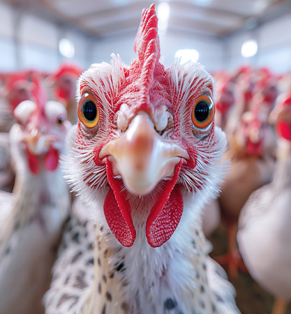 Funny close-up portrait of chicken's head with prominent feathered crest looking at camera lens. Another hens also interest in. Agriculture countryside farming settlement. Meat, Food, poultry industryの素材