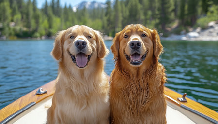 Portraits two golden retrievers sitting at front of boat on mountain Lake surrounded by green water, forest background capturing outdoor adventure and natural beauty. Boat traveling with peta conceptの素材