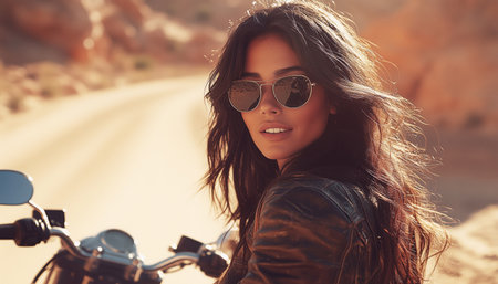 Beautiful woman with long black hair and sunglasses sits on chopper bike in leather jacket, riding motorcycle through dusty Canyon in deserted landscape smiling with joy and excitementの素材