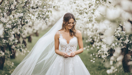 : Bride in wedding dress stands in blooming apple orchard holding white bouquet. Scene symbolizing love and new beginnings in spring. Unforgettable moment of important, cherished day and fashion conceptの素材