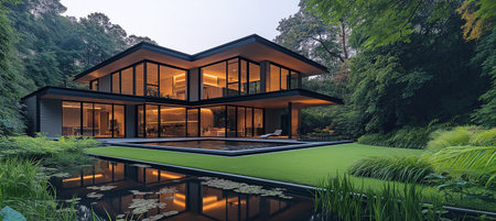 Modern two-story house with large glass windows, clean lines, surrounded by lush greenery near a serene pond. Sleek architecture emphasizes open spaces, natural light, golden-hour highlightsの素材