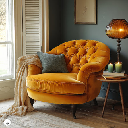 Cozy interior with rust velvet armchair, wooden floor, amber lamp, books, green candle, gray walls, and soft natural light creating warm textures and calm stylish atmosphereの素材