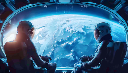 Astronauts man and woman couple Gazing at Earth from Space Station, Observing Planet Earth. Exploring the Cosmos and Futuristic Space Travel concept image.の素材