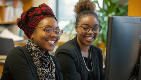 Two Black women smiling while looking at computer screen in modern office environment natural light highlighting faces teamwork productivity concept for workplace visualsの素材