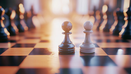 Chess Board scene with single pawn with soft blurred chess figurines in background highlighting strategic tensionの素材