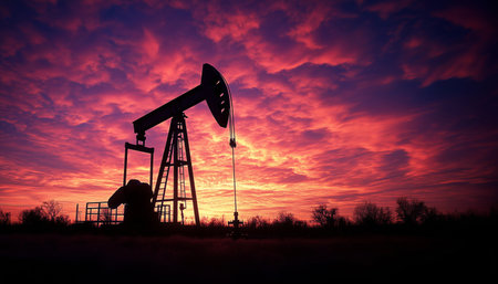 Silhouette of oil pumpjack at dramatic morning sunrise with deep red and orange sky hues blending with wispy clouds. Low-angle shot highlights energy production in deserted African landscapeの素材