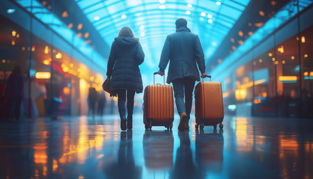 Travelers walking through modern airport terminal pulling stylish suitcases, polished floor reflecting natural light from glass windows, blurred modern architecture in background evoking travel themesの素材