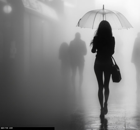 Girl walking in rain with silhouette under umbrella against moody street, captured from behind in monochrome by street photographer, featuring high contrast, foggy atmosphere, and moody cinematic feelの素材