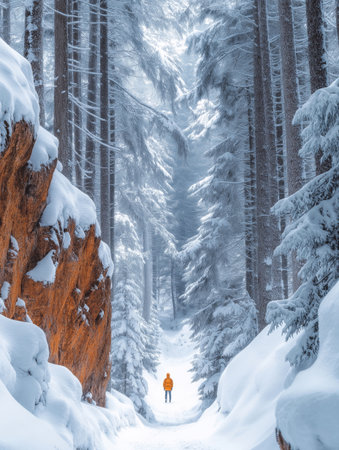 Lone hiker in yellow jacket stands among snow-covered sequoia trees, gazing up in awe at towering trunks. Majestic winter landscape highlights grandeur of natureâs immense beauty and scaleの素材
