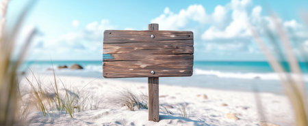 Empty wooden sign standing on sandy shore with ocean waves in background, bathed in warm sunlight. Aged wood texture contrasts with smooth sand and blue water, creating a serene coastal scene.の素材