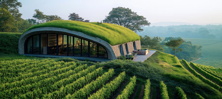 Modern winery architecture amidst green vineyards under clear blue sky. Stone design with contemporary curves in serene rural landscape. Aerial view highlights symmetry vibrant greenery and innovationの素材