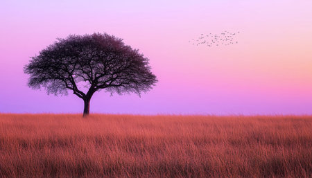 Serene landscape image shows lone tree in open field with tall golden grass, soft pastel sky in purple pink tones. Birds fly above evoking calm movement. Low-angle view enhances minimalist tranquilityの素材