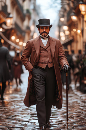 English gentleman in Victorian London attire on old cobblestone street with cane, bowler hat wearing tailored suit with tailcoat, trousers, exuding classic charm sophistication and historical eleganceの素材