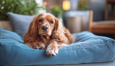 Cocker Spaniel rests comfortably, cozy sofa behind adding warmth. Bright lighting enhances atmosphere.  Corduroy dog bed sits in cozy home setting, featuring soft fabric texture. Lovemy pets concept.の素材
