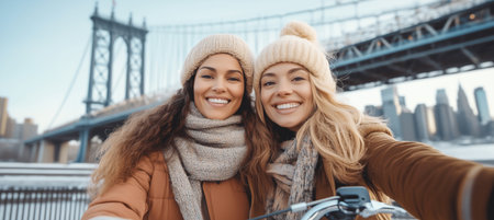 Two diverse women in early 30s joyfully taking selfie near iconic bridge symbolizing friendship and adventure. Dressed winter attire one holds bike handlebars. Natural daylight clear sky, urban vibeの素材