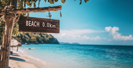 Wooden sign with BEACH 0.0KM on shore with ocean waves and palm beach in background bathed in warm sunlight. Aged wood texture contrasts with smooth sand and blue water creating a serene coastal sceneの素材