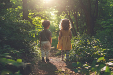 Lonely two children standing on forest path surrounded by lush greenery, bathed in warm sunlight filtering through trees. Both looking forward in deep forest.の素材