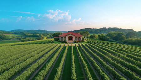 Modern winery architecture amidst green vineyards under clear blue sky. Stone design with contemporary curves in serene rural landscape. View highlights symmetry vibrant greenery and innovationの素材