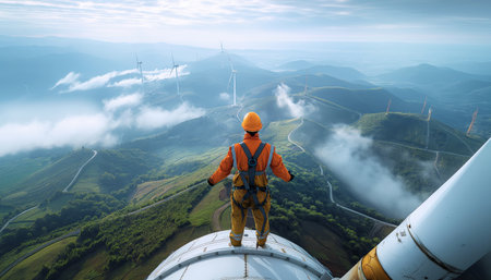 Worker in safety harness and protective helmet standing on wind turbine rotor with arms wide open, enjoying foggy mountain view at wind farm, natural soft lighting renewable energy conceptの素材