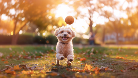 Joyful Maltipoo dog captured while chasing the yellow ball by green grass park. Fluffy fur flows, mouth open, tongue visible, radiating excitement and joy. Sunny city park, bright natural light.の素材
