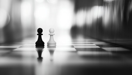 Chess Board scene with single pawn with soft blurred chess figurines in background highlighting strategic tensionの素材