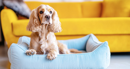 Cocker Spaniel rests comfortably, cozy sofa behind adding warmth. Bright lighting enhances atmosphere.  Corduroy dog bed sits in cozy home setting, featuring soft fabric texture. Lovemy pets concept.の素材