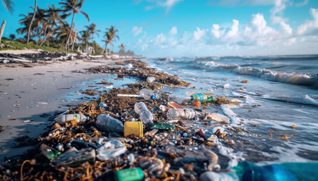 Beach Shoreline Strewn With Plastic Waste Debris. Environmental Pollution Crisis. Foreground Cluttered Seaweed Discarded Items. Background Palm Trees Ocean Waves. Conservation Neededの素材