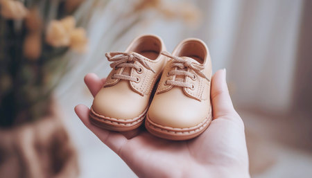 Close-up of hand holding small, brown leather baby shoes against beige background. Lace-up design, visible stitching, showcasing craftsmanship. Soft lighting highlights leather texture and warm tones.の素材
