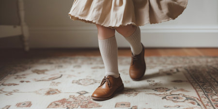 Close-up of young girl's legs in beige knee-high socks, brown leather oxford shoes twirling in flowing tan skirt on vintage patterned rug. Warm natural lighting low camera angle nostalgic indoor sceneの素材