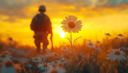 Chamomile flower in sharp focus surrounded by flying debris with soldier's silhouette blurred against dramatic golden sunset. Highlights vivid colors, contrasting fragility of flower with resilience.の素材