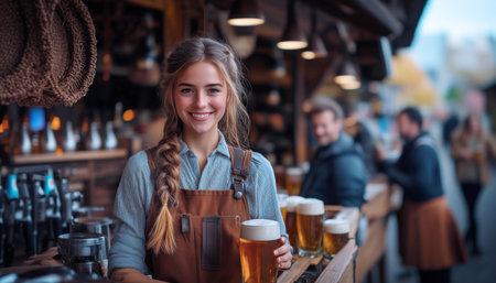 Smiling young woman in traditional Bavarian dress holding two beer mugs at lively festival gathering standing in old wooden hall with warm lights surrounded by joyful people celebrating cultural eventの素材