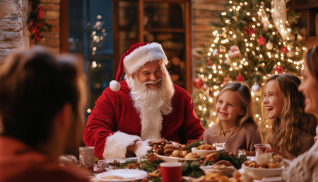 A joyful Santa Claus shares a festive meal with a happy family in a warmly lit room, surrounded by Christmas decorations and a glowing tree. The scene captures the magic of holiday gatherings.の素材