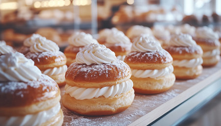 Freshly baked Swedish semla buns filled with whipped cream and almond paste, dusted with powdered sugar, displayed in glass bakery showcase. Lighting highlights golden-brown pastry texture.の素材