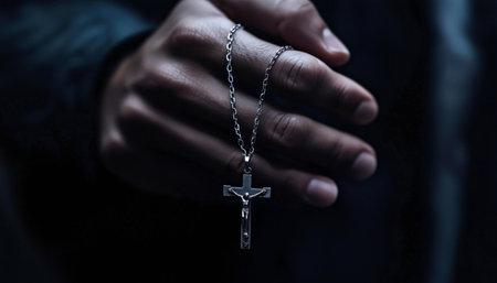 Close-up of hand gently holding cross necklace with fine chain against black background showing faith and spirituality through symbolic jewelry and minimalist compositionの素材