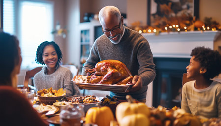Thanksgiving family gathering in cozy living room. Grandpa with beautifully roasted turkey, grandkids smiling and laughing around festively table with autumn-themed decorations, delicious dishesの素材