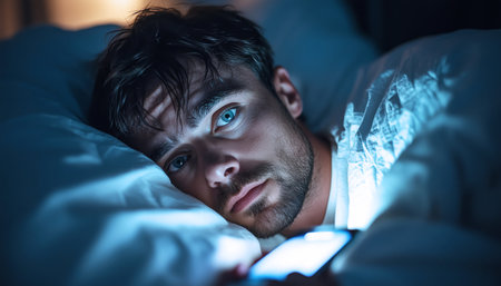 Man in night bed staring at phone screen with sad expression, eyes wide open, dark circles under them, dimly lit by smartphone glow wrapped in white sheets, conveying insomnia and emotional intensityの素材