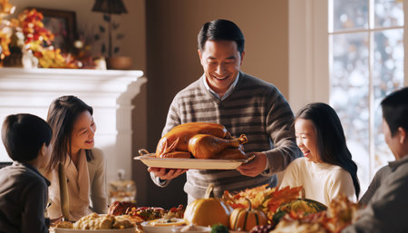Thanksgiving family gathering in cozy living room. Father with beautifully roasted turkey on tray, everyone smiling and laughing around festively table with autumn-themed decorations, delicious dishesの素材