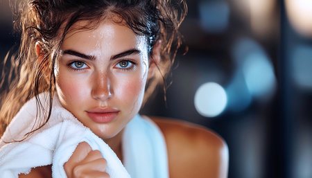 Beautiful Portrait of sexy young female in late 20s focused during gym workout white towel around neck wiping sweat. Soft, dramatic lighting highlights her face, muscles in moody atmosphereの素材