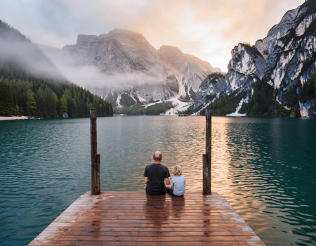 Father Son Adventure on Mountain Lake Pier, Sitting Tranquil Dolomites Alpine Landscapeの素材